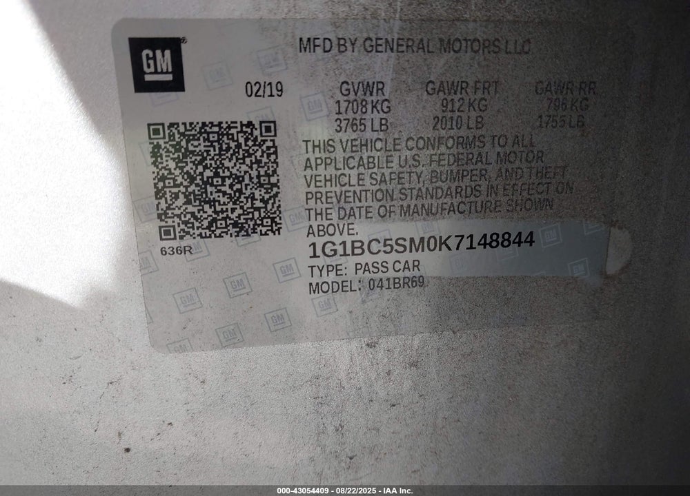 2019 CHEVROLET CRUZE VIN: 1G1BC5SM0K7148844