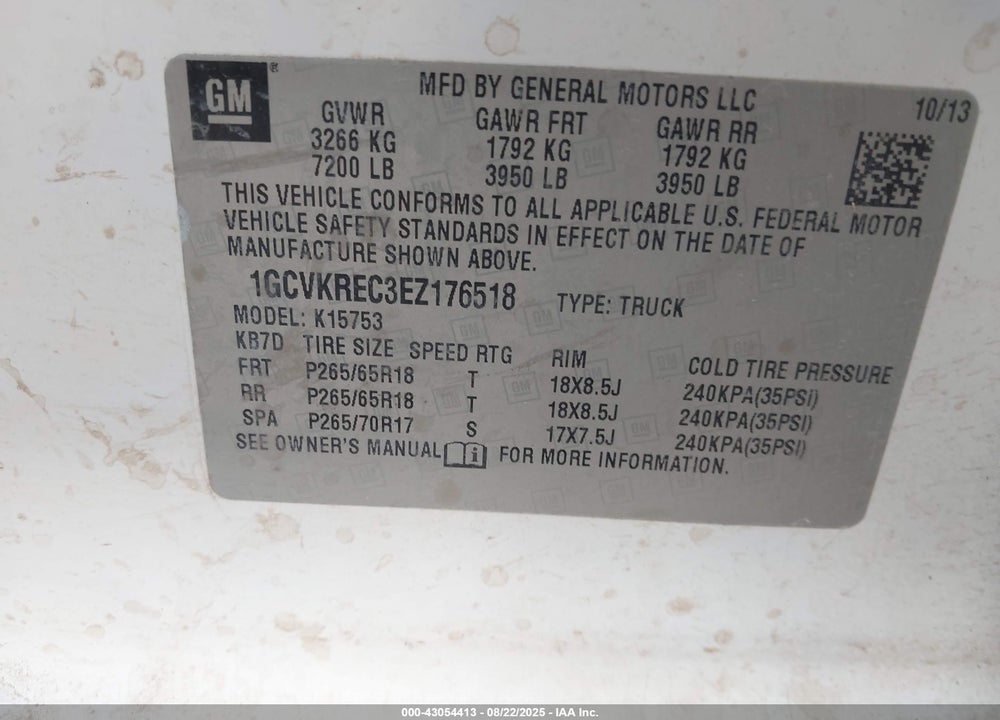 2014 CHEVROLET SILVERADO 1500 VIN: 1GCVKREC3EZ176518