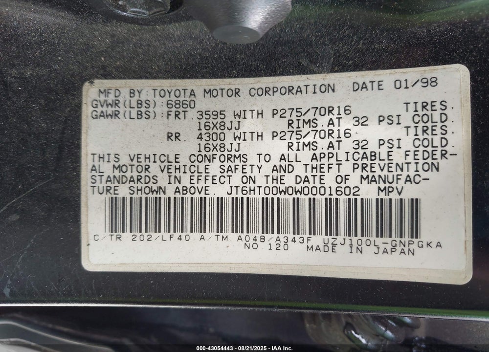 1998 LEXUS LX 470 VIN: JT6HT00W0W0001602