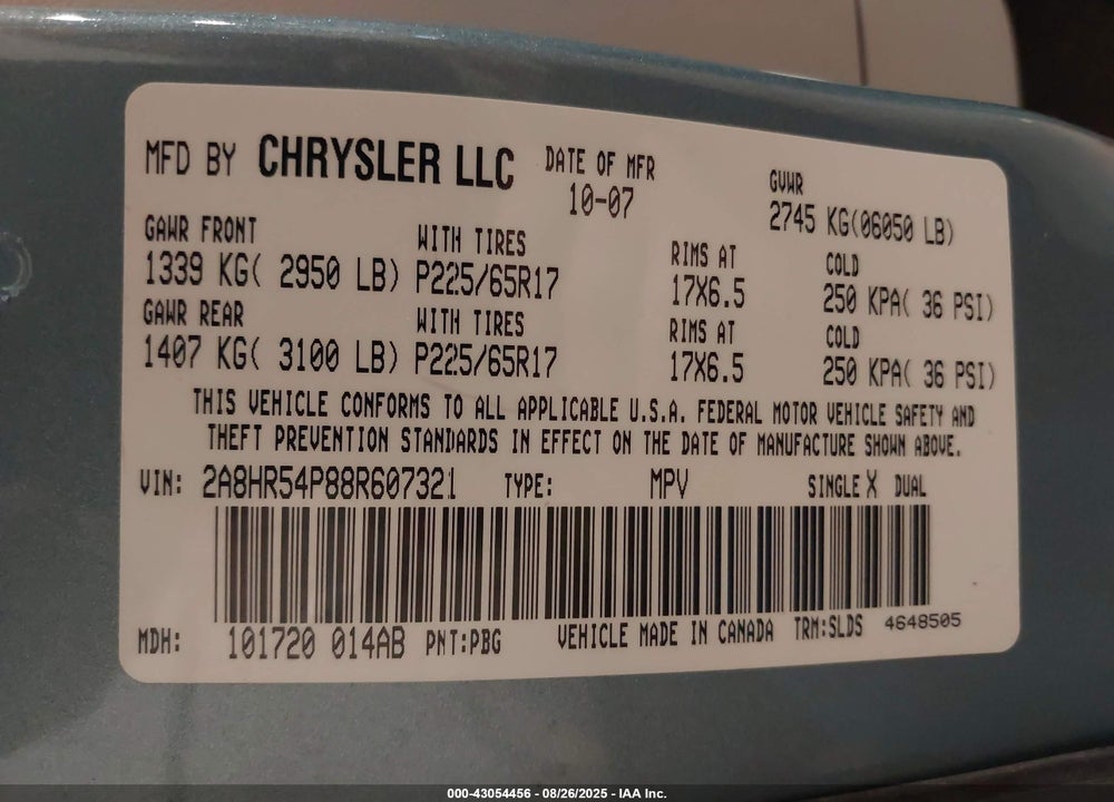 2008 CHRYSLER TOWN & COUNTRY TOURING VIN: 2A8HR54P88R607321