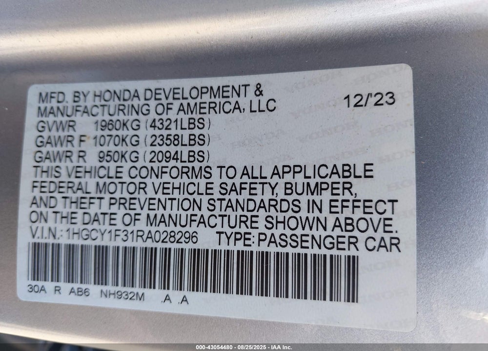 2024 HONDA ACCORD EX VIN: 1HGCY1F31RA028296
