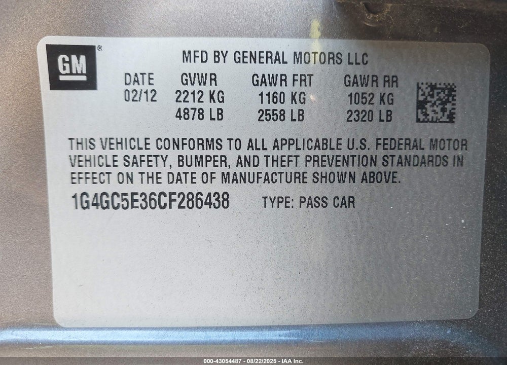 2012 BUICK LACROSSE LEATHER GROUP VIN: 1G4GC5E36CF286438