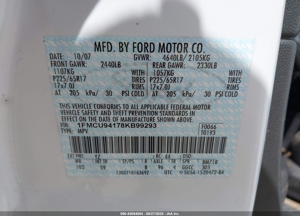 2008 FORD ESCAPE LIMITED VIN: 1FMCU94178KB99293