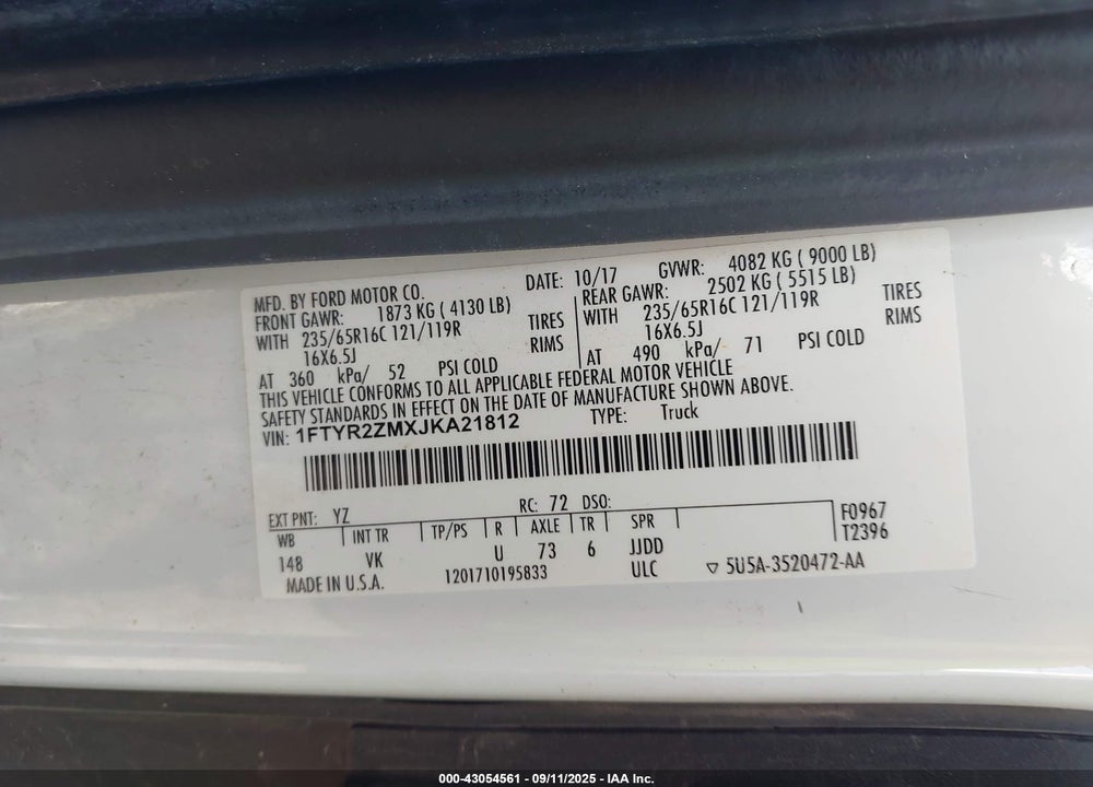 2018 FORD TRANSIT-250 VIN: 1FTYR2ZMXJKA21812