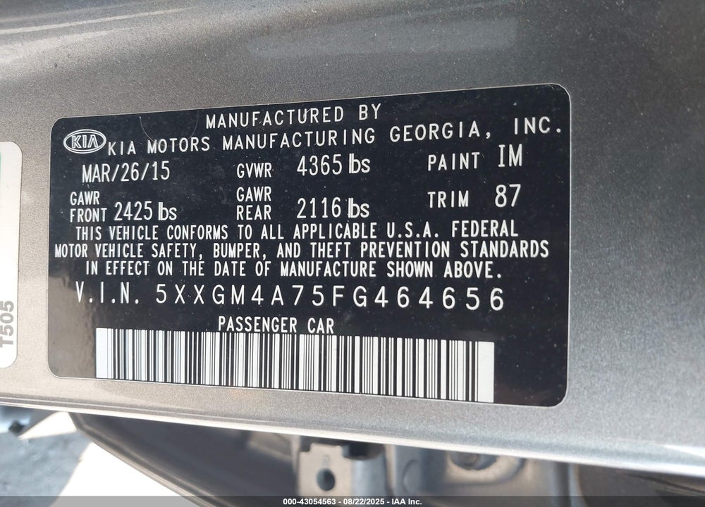2015 KIA OPTIMA VIN: 5XXGM4A75FG464656