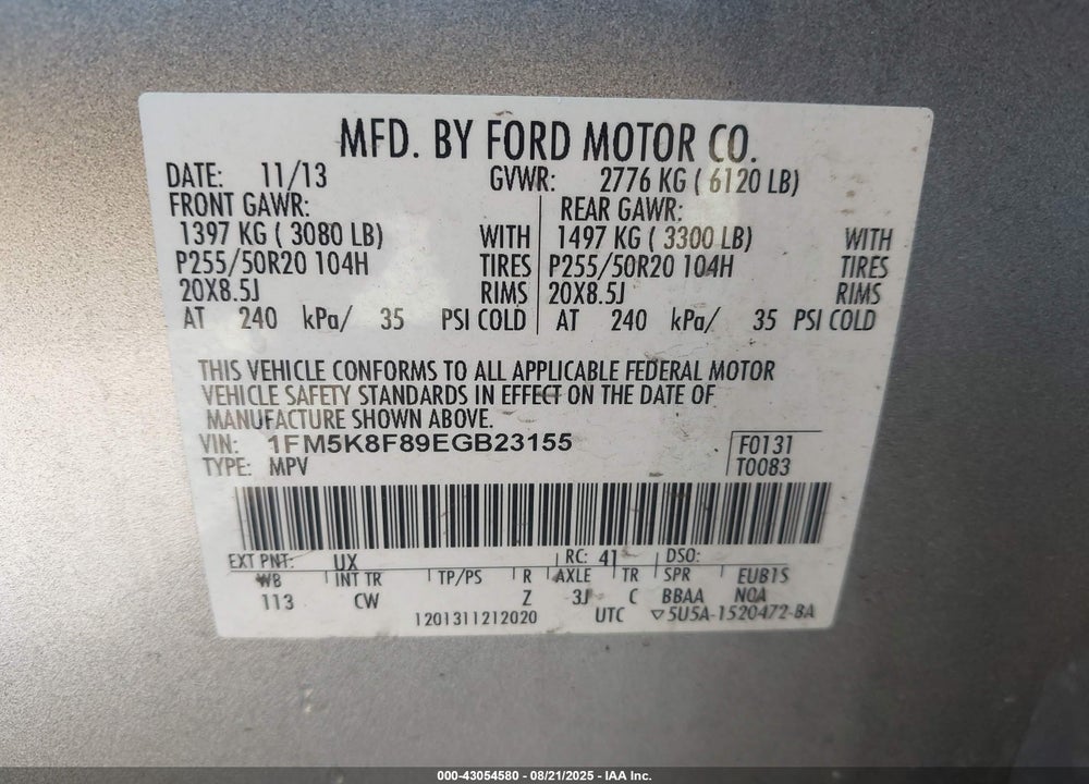 2014 FORD EXPLORER VIN: 1FM5K8F89EGB23155