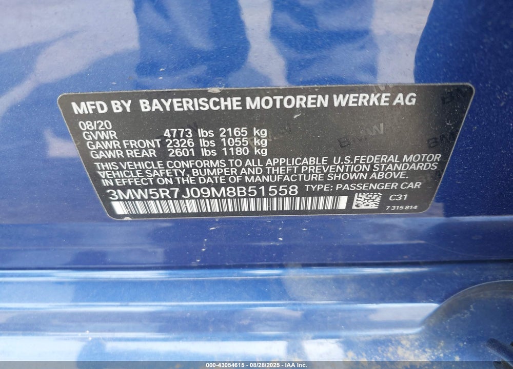 2021 BMW 3 SERIES VIN: 3MW5R7J09M8B51558