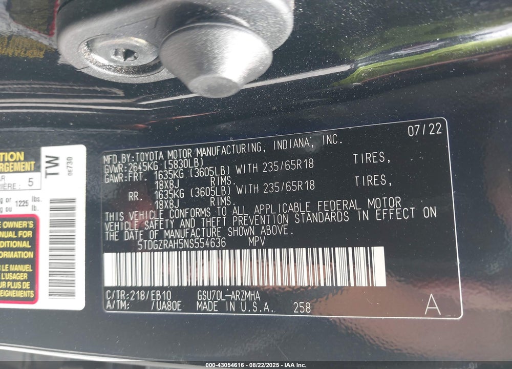 2022 TOYOTA HIGHLANDER VIN: 5TDGZRAH5NS554636