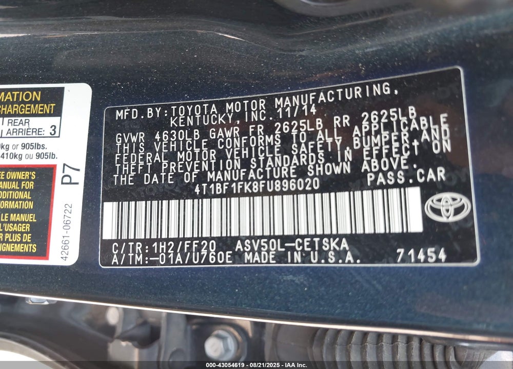 2015 TOYOTA CAMRY SE VIN: 4T1BF1FK8FU896020