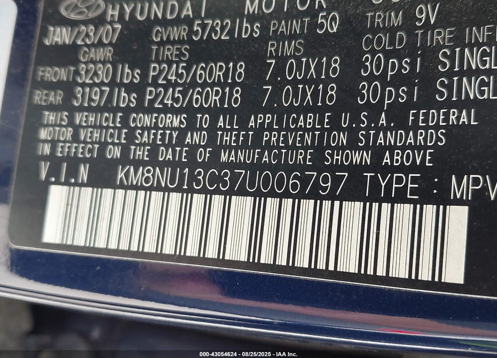 2007 HYUNDAI VERACRUZ VIN: KM8NU13C37U006797