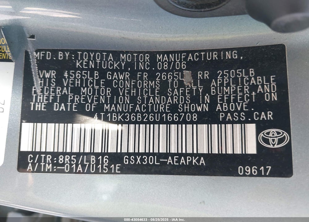 2006 TOYOTA AVALON LIMITED VIN: 4T1BK36B26U166708
