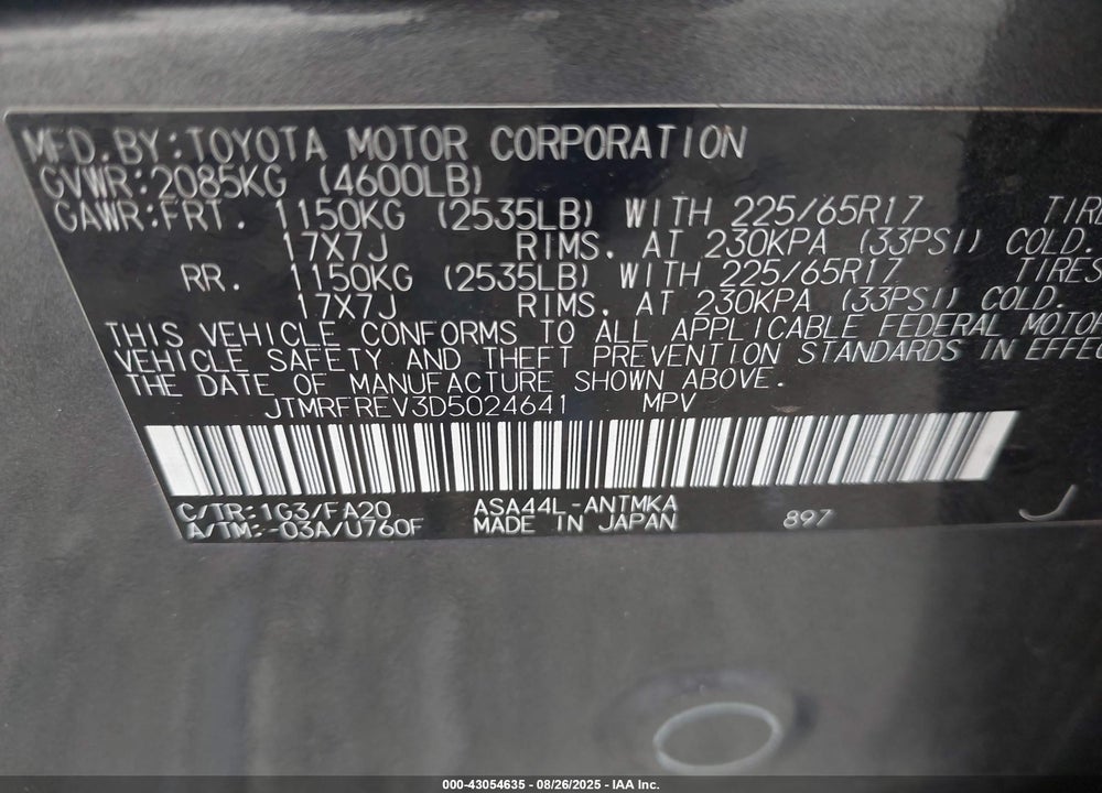 2013 TOYOTA RAV4 VIN: JTMRFREV3D5024641