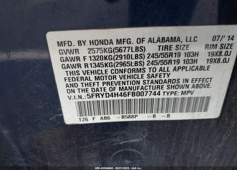 2015 ACURA MDX VIN: 5FRYD4H46FB007744