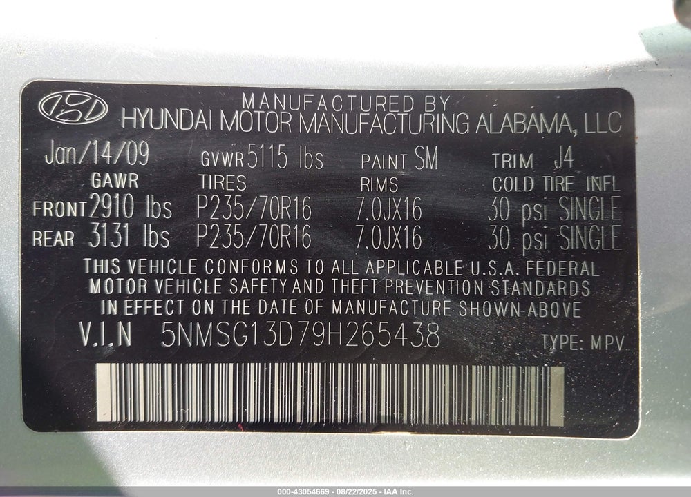 2009 HYUNDAI SANTA FE VIN: 5NMSG13D79H265438