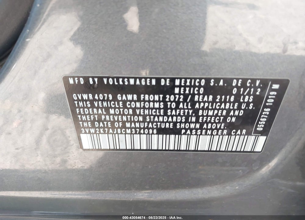 2012 VOLKSWAGEN JETTA VIN: 3VW2K7AJ8CM374096