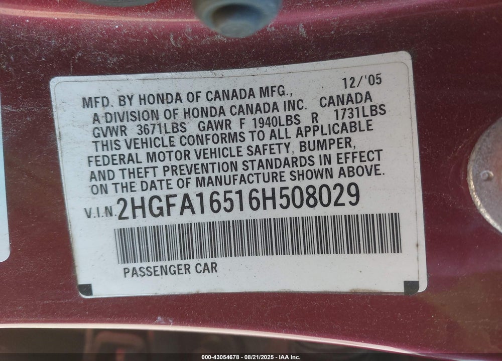 2006 HONDA CIVIC LX VIN: 2HGFA16516H508029