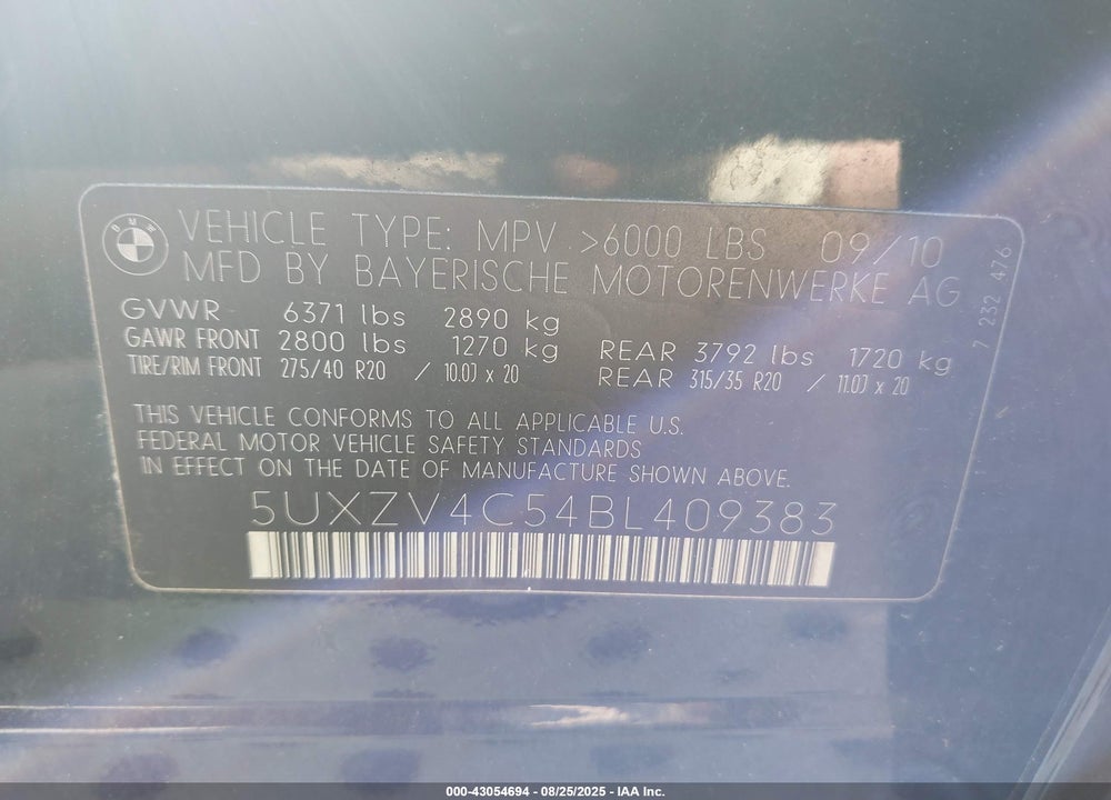 2011 BMW X5 VIN: 5UXZV4C54BL409383