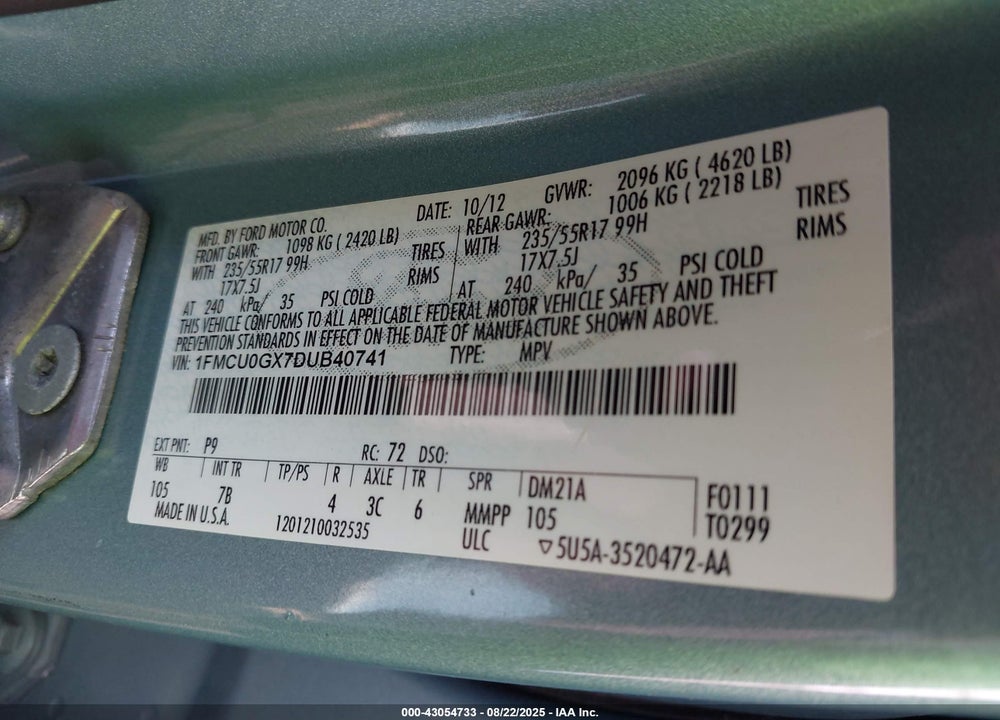2013 FORD ESCAPE VIN: 1FMCU0GX7DUB40741