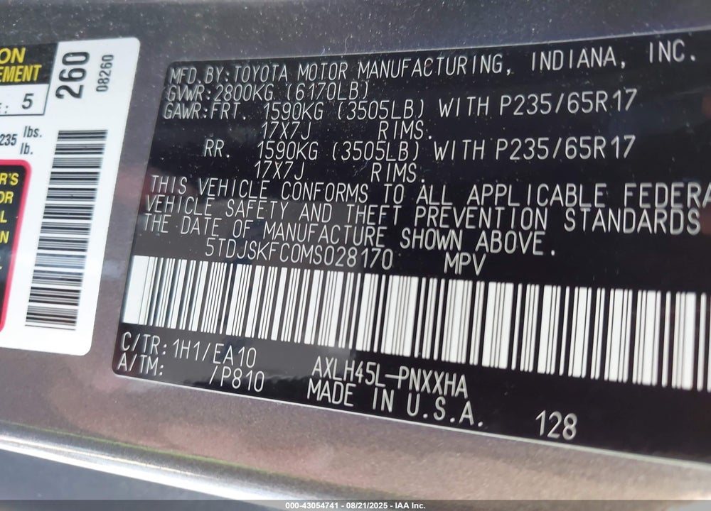 2021 TOYOTA SIENNA XLE VIN: 5TDJSKFC0MS028170