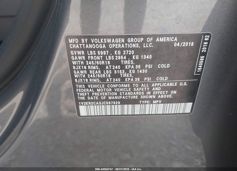 2018 VOLKSWAGEN ATLAS 3.6L V6 SE VIN: 1V2KR2CA3JC567929