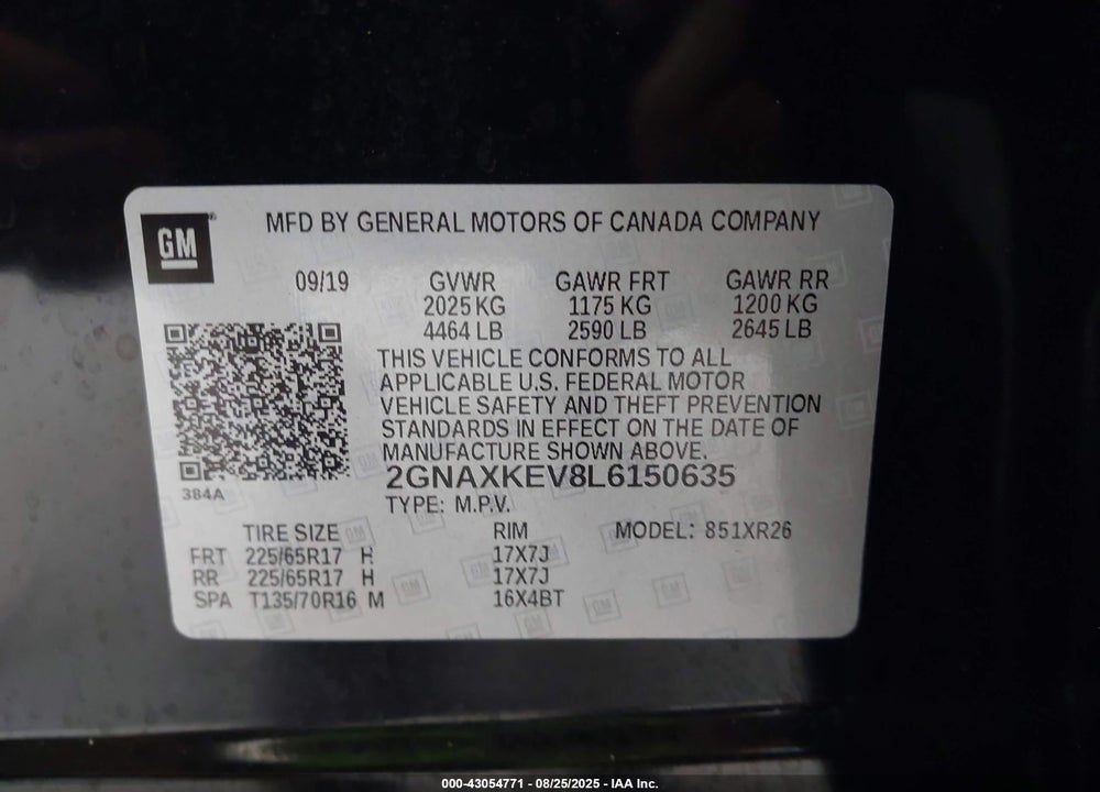 2020 CHEVROLET EQUINOX VIN: 2GNAXKEV8L6150635