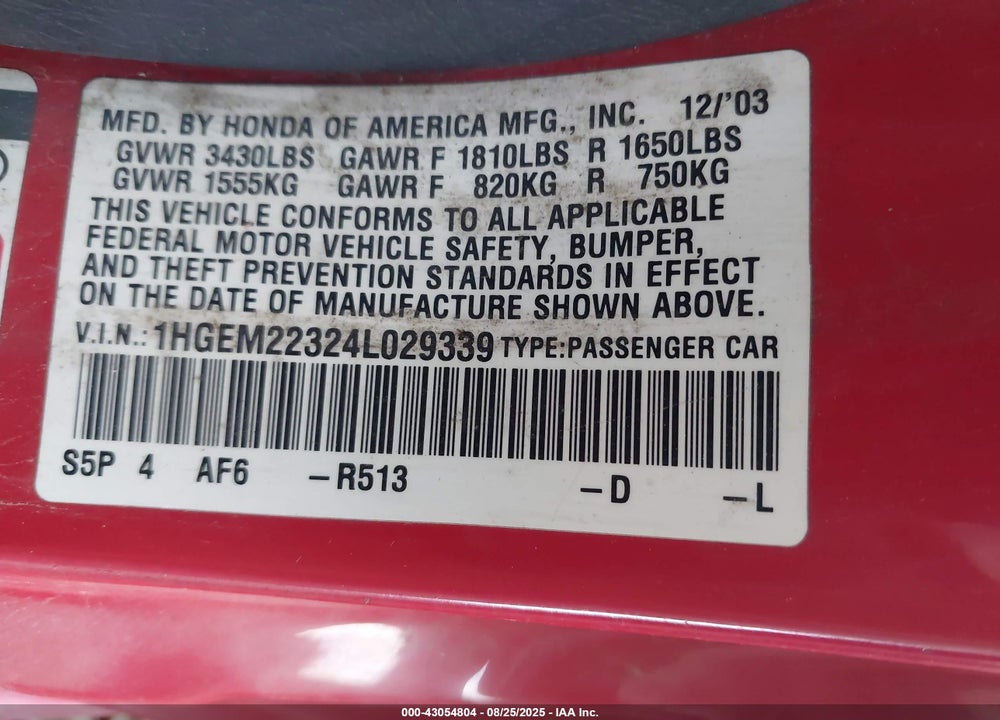 2004 HONDA CIVIC VP VIN: 1HGEM22324L029339
