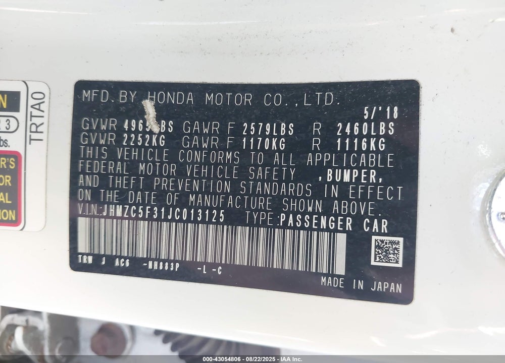 2018 HONDA CLARITY PLUG-IN HYBRID VIN: JHMZC5F31JC013125