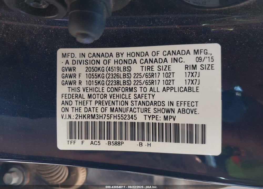 2015 HONDA CR-V VIN: 2HKRM3H75FH552345