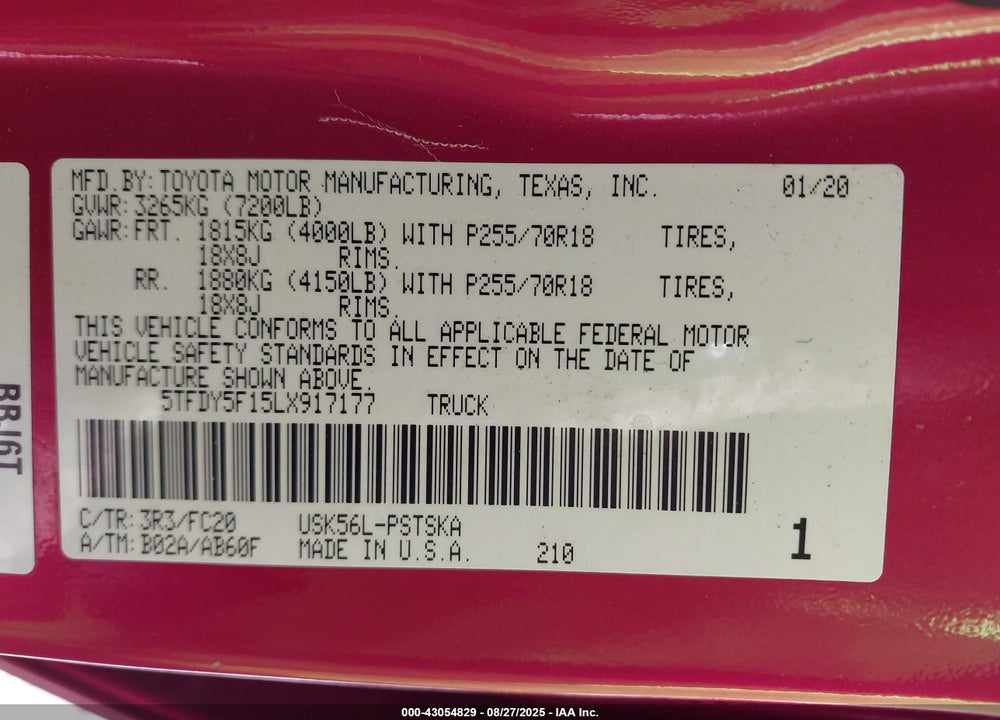 2020 TOYOTA TUNDRA VIN: 5TFDY5F15LX917177