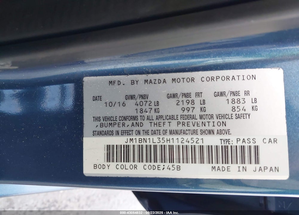 2017 MAZDA 3 VIN: JM1BN1L35H1124521