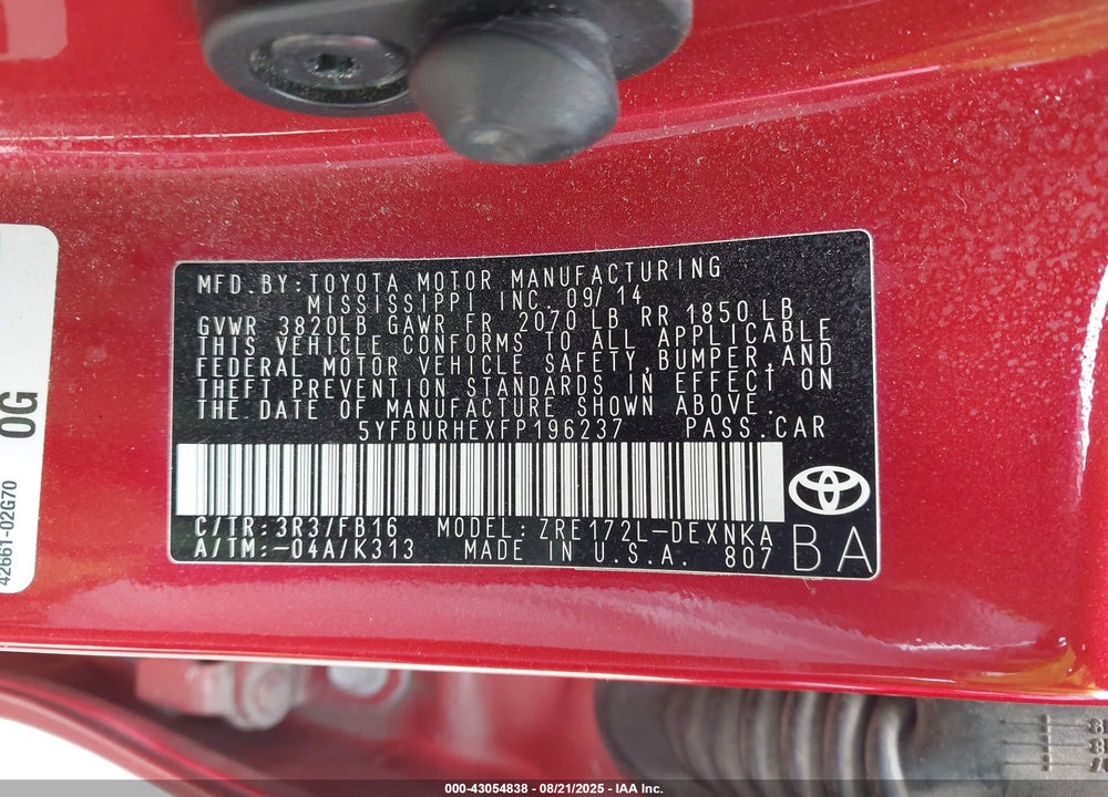 2015 TOYOTA COROLLA VIN: 5YFBURHEXFP196237