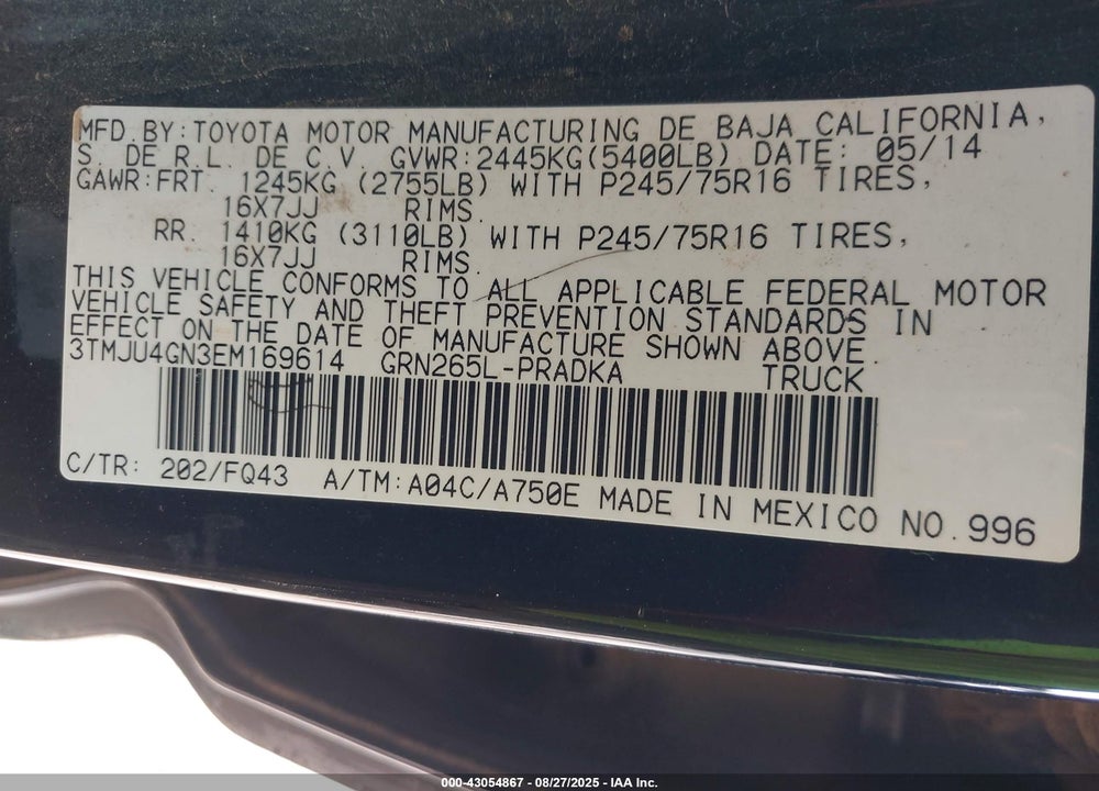 2014 TOYOTA TACOMA VIN: 3TMJU4GN3EM169614