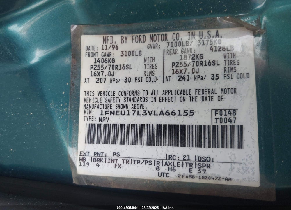1997 FORD EXPEDITION EDDIE BAUER/XLT VIN: 1FMEU17L3VLA66155