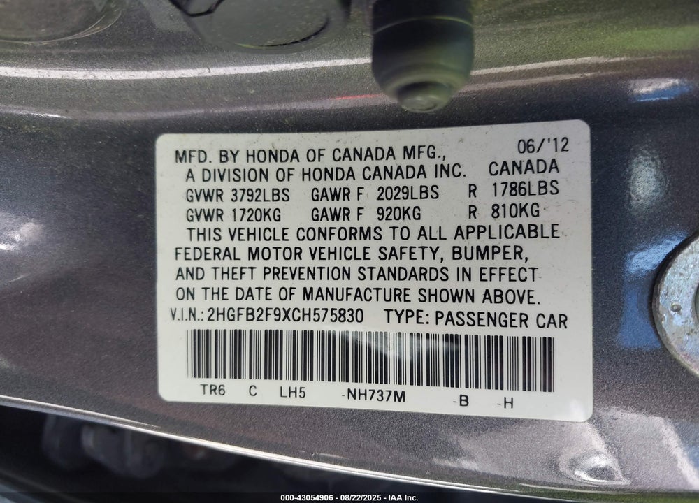 2012 HONDA CIVIC VIN: 2HGFB2F9XCH575830