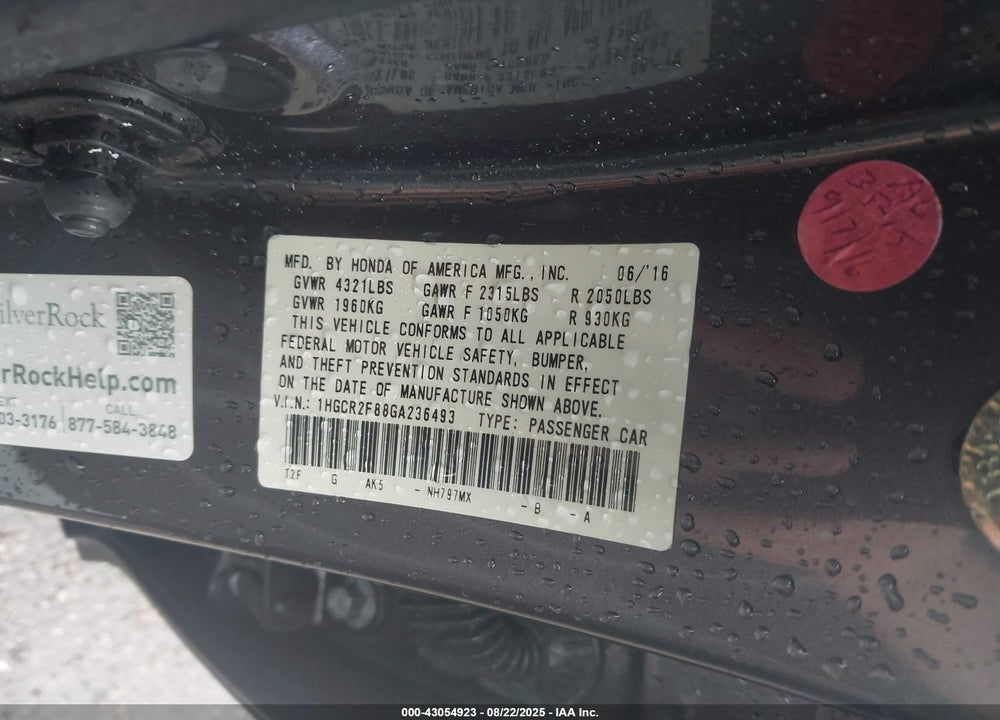 2016 HONDA ACCORD VIN: 1HGCR2F88GA236493