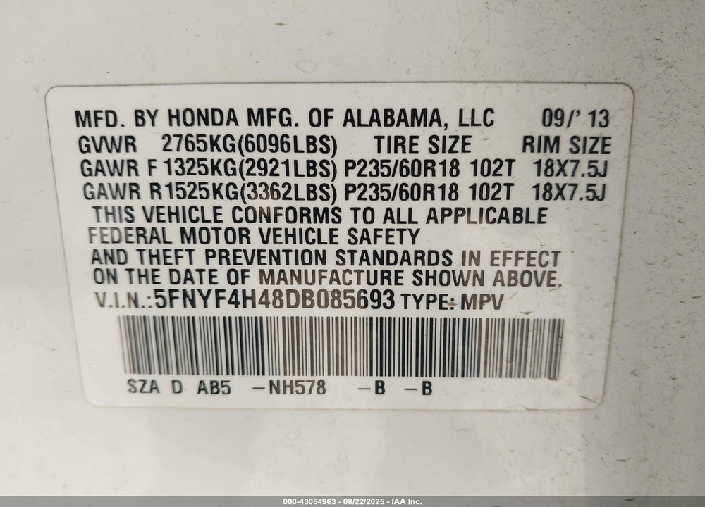 2013 HONDA PILOT VIN: 5FNYF4H48DB085693