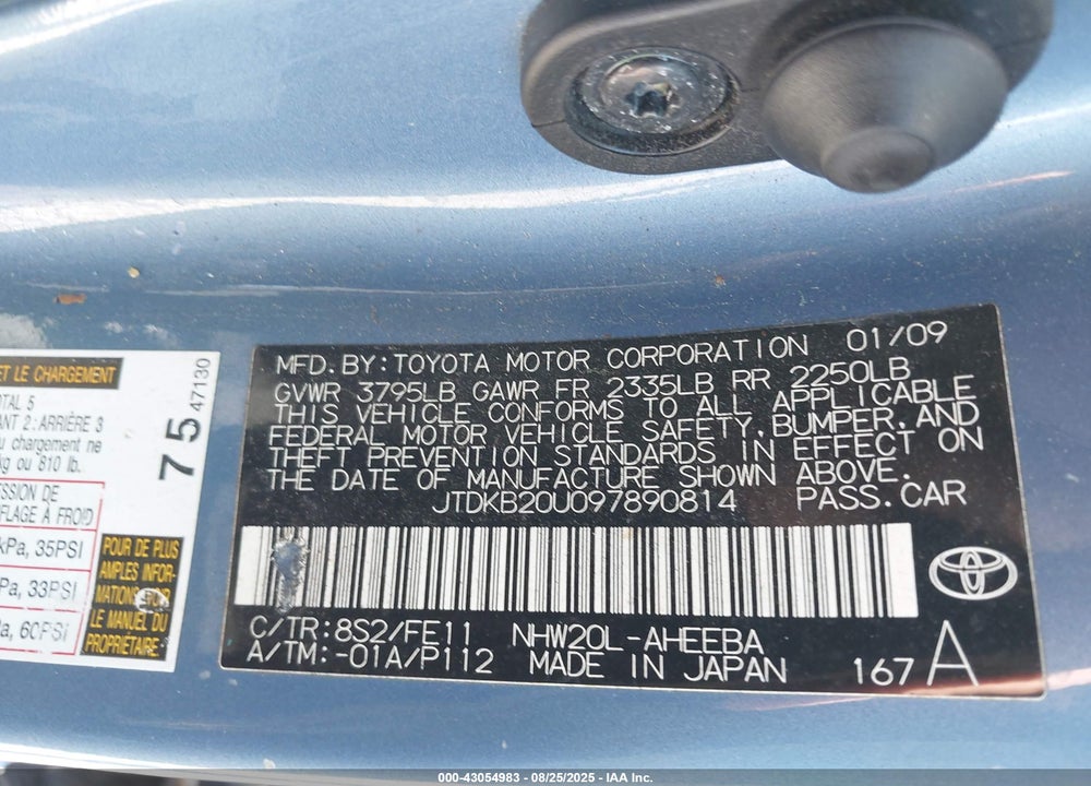 2009 TOYOTA PRIUS VIN: JTDKB20U097890814