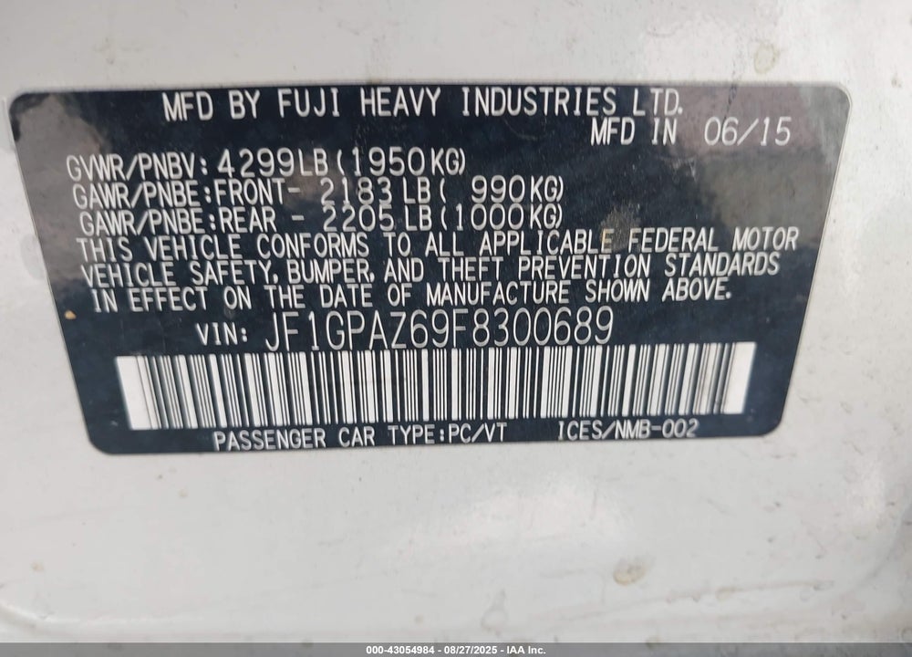 2015 SUBARU IMPREZA 2.0I SPORT LIMITED VIN: JF1GPAZ69F8300689