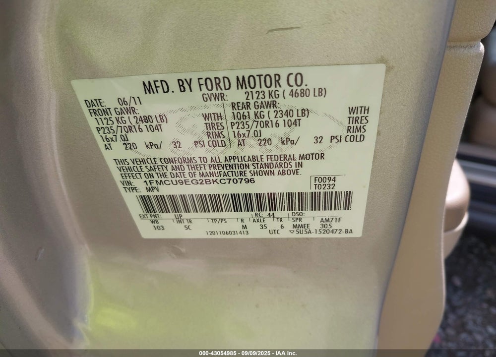 2011 FORD ESCAPE VIN: 1FMCU9EG2BKC70796