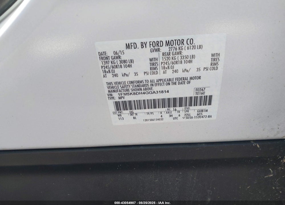 2016 FORD EXPLORER VIN: 1FM5K8DH4GGA31814