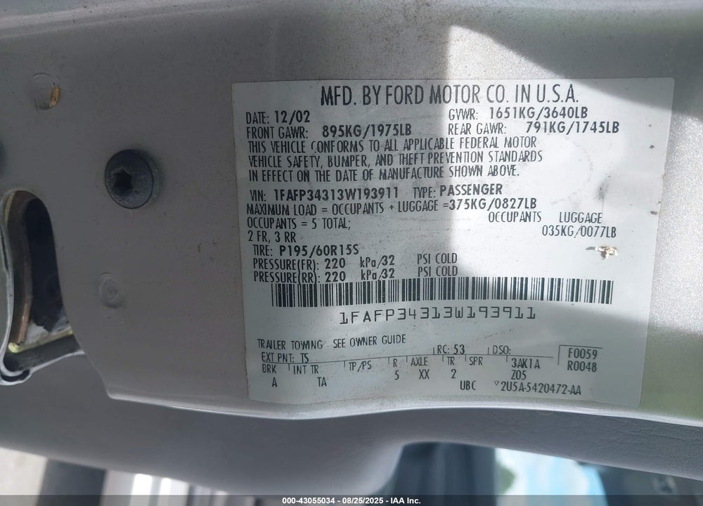 2003 FORD FOCUS SE VIN: 1FAFP34313W193911
