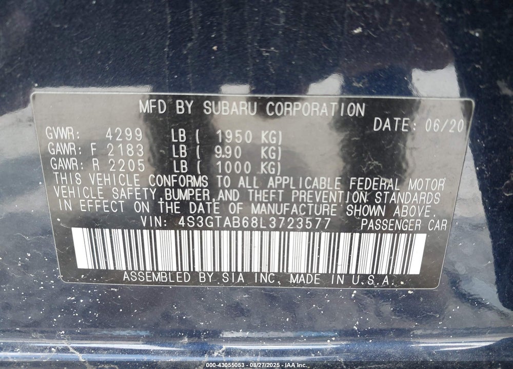 2020 SUBARU IMPREZA VIN: 4S3GTAB68L3723577