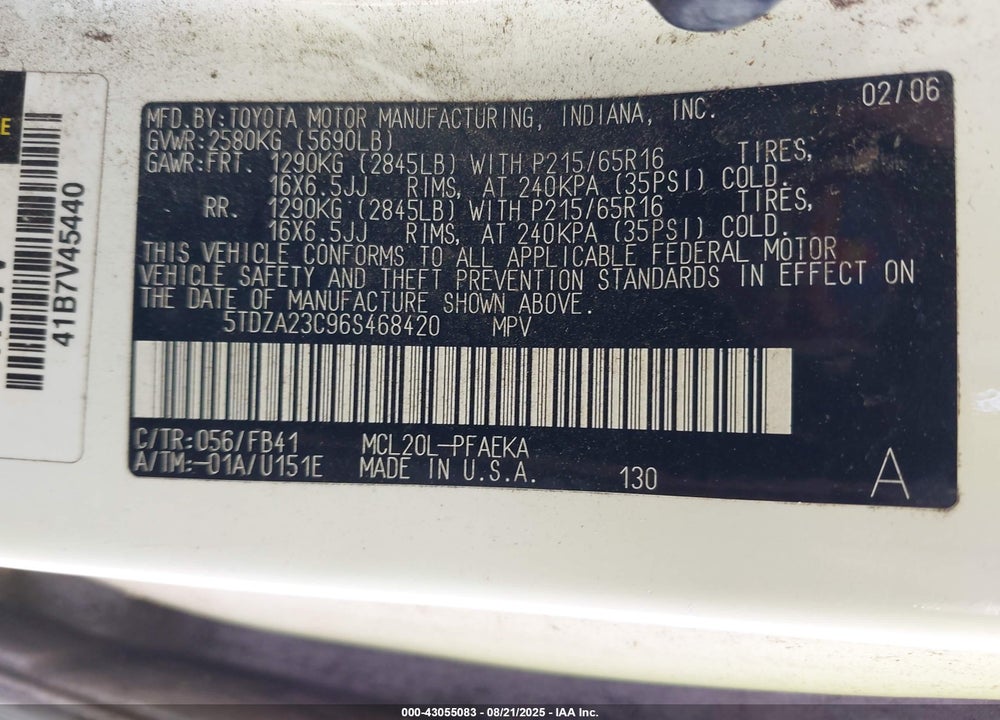 2006 TOYOTA SIENNA CE VIN: 5TDZA23C96S468420