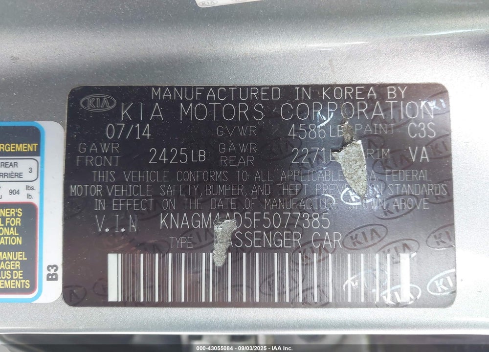 2015 KIA OPTIMA HYBRID VIN: KNAGM4AD5F5077385