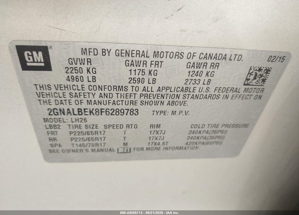 2015 CHEVROLET EQUINOX VIN: 2GNALBEK8F6289783