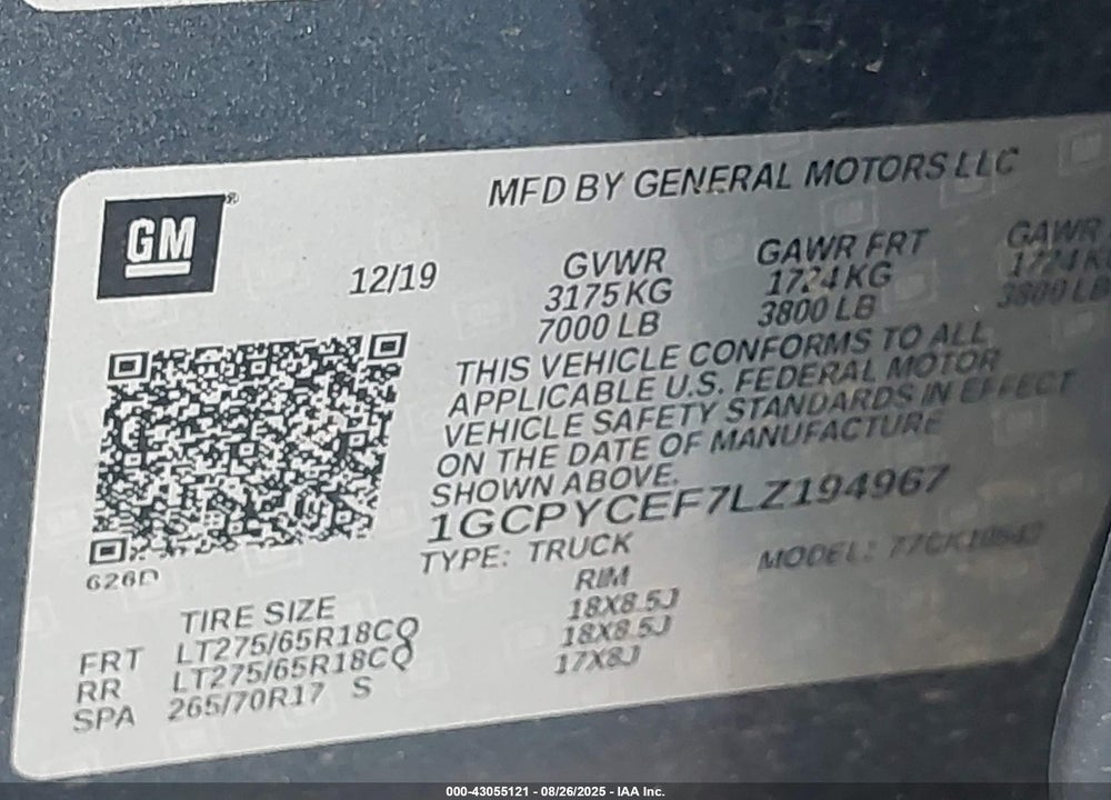 2020 CHEVROLET SILVERADO 1500 4WD SHORT BED CUSTOM TRAIL BOSS VIN: 1GCPYCEF7LZ194967