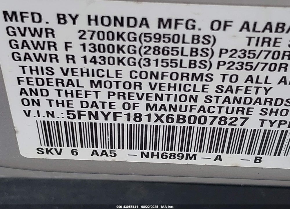 2006 HONDA PILOT LX VIN: 5FNYF181X6B007827