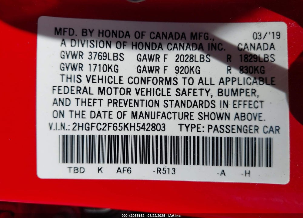 2019 HONDA CIVIC LX VIN: 2HGFC2F65KH542803