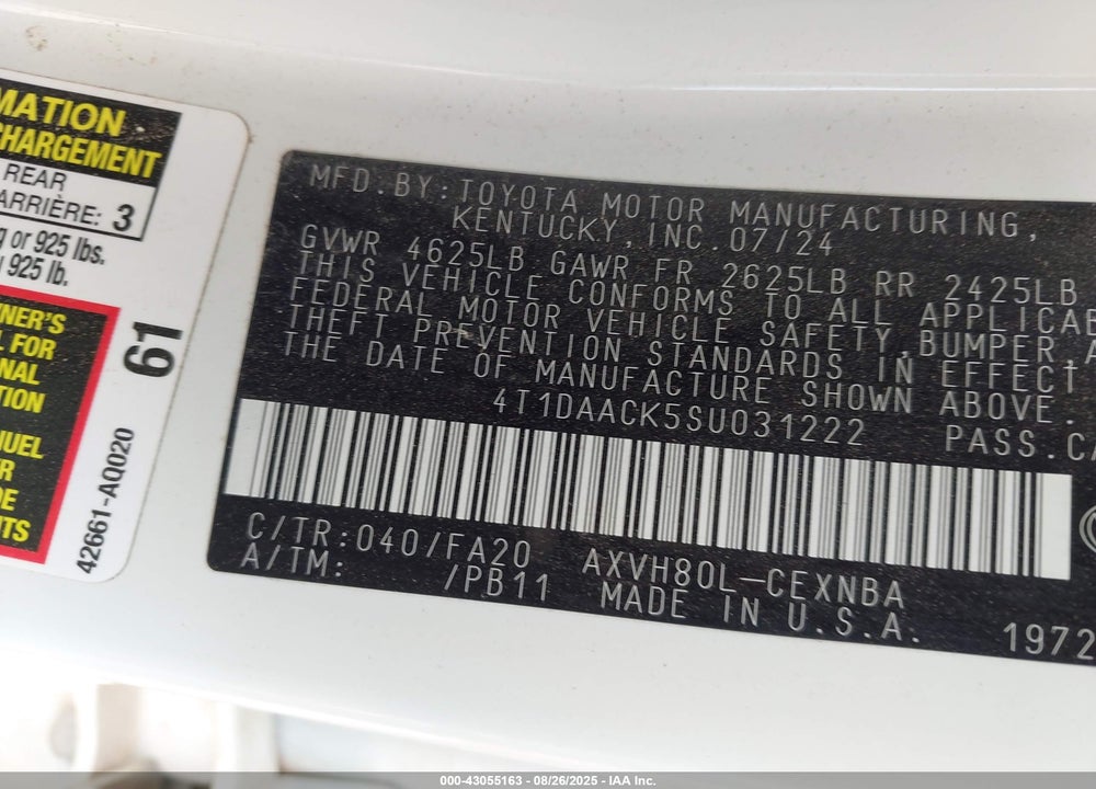 2025 TOYOTA CAMRY VIN: 4T1DAACK5SU031222