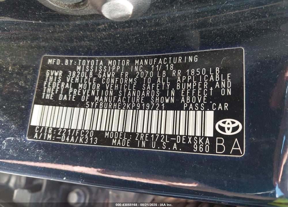 2019 TOYOTA COROLLA VIN: 5YFBURHE2KP919721